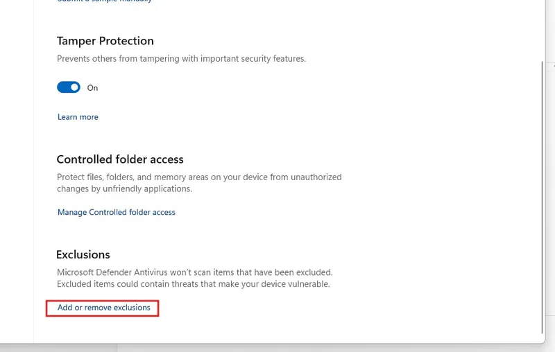 ลิงก์ Add or remove exclusions