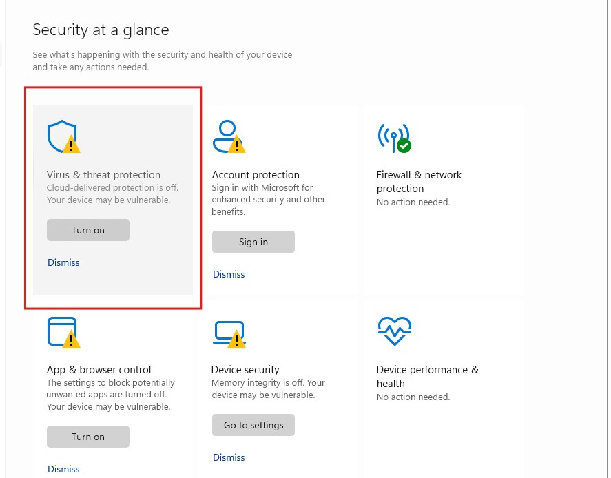 เมนู Virus & Threat Protection